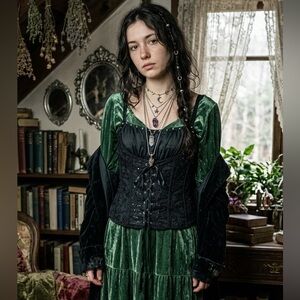 Whimsigoth Vamp Goth Black Beaded Lace-Up Corset Tank Top Large Smocked Witchy